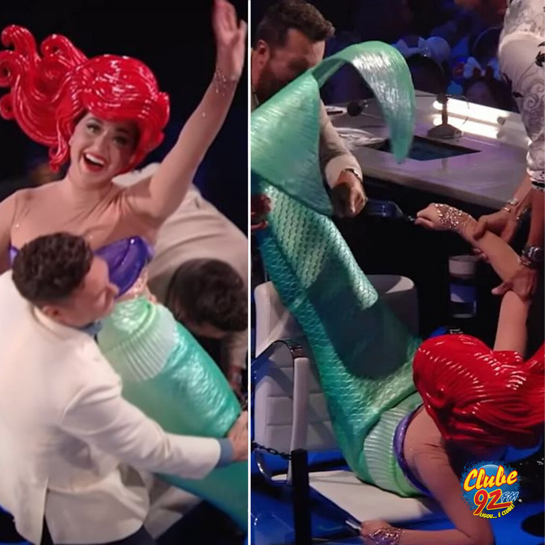 Katy Perry leva tombo engraçado vestida de sereia durante “American Idol”