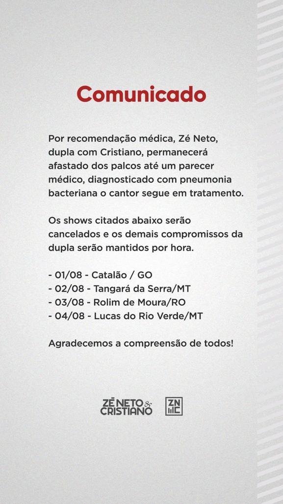 Zé Neto continua afastado dos palcos e compartilha sua recuperação